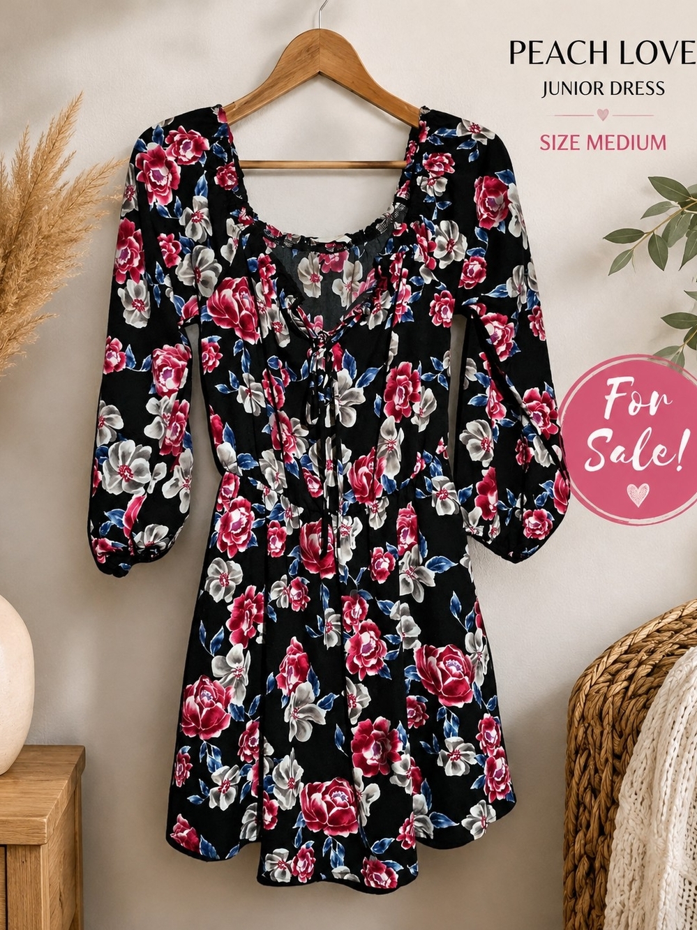 Peach Love California Black Floral Long-Sleeve Mini Dress
